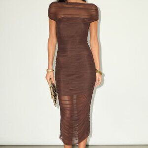 Never Been Worn Lulus Sunama Brown Mesh Ruched Bodycon Midi Dress - Size M
